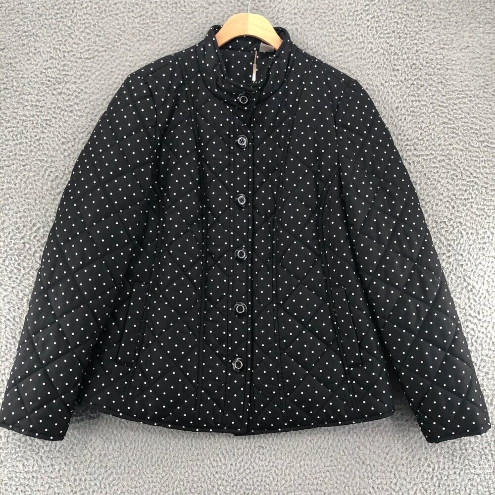 Chicos Jacket Womens 0 US Small Black Polka Dot Quilted Mandarin Collar Button
